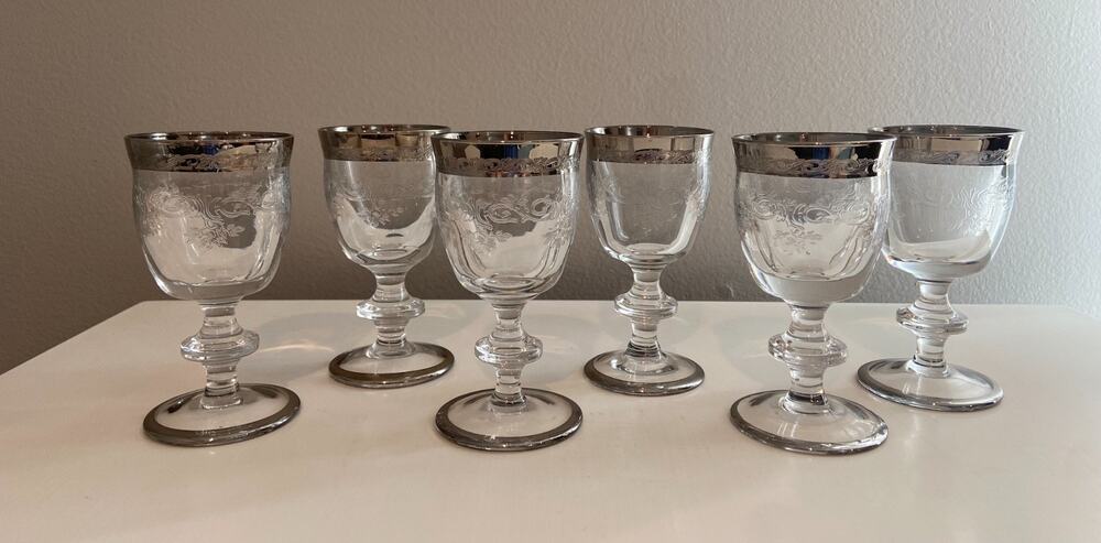 Vintage Murano Medici Small Liquor MCM Crystal Glasses, Platinum Rim, Set of 6